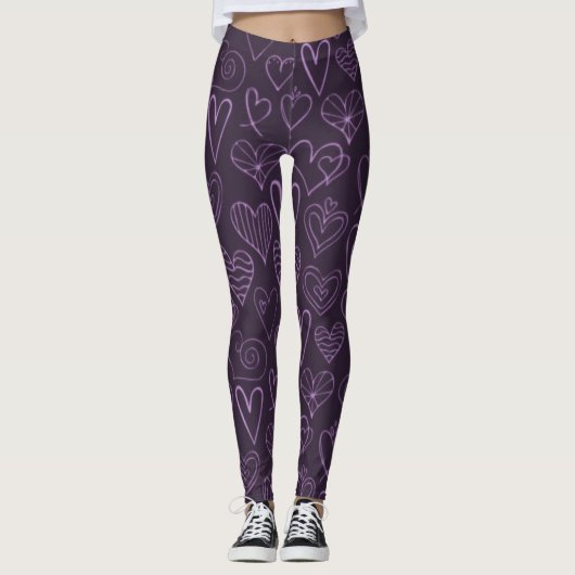 Modern donker Paars hartpatroon Leggings (Voorkant)