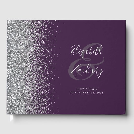 Modern, donker Paars, zilver glitter script Gastenboek (Voorkant)
