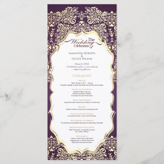 Modern Donker Paarse en Gouden Damask Wedding Prog Programma (Voorkant)
