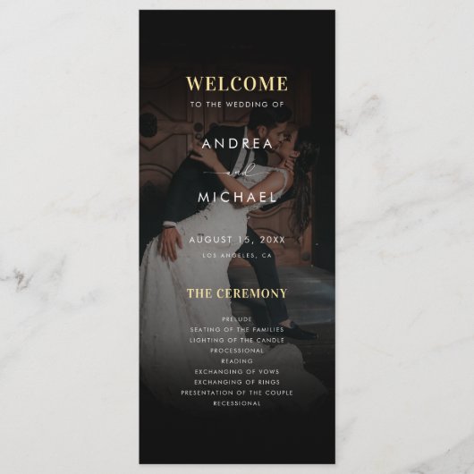 Modern Donker Vervaagd Foto Goud & Zwart Bruiloft Programma (Voorkant)