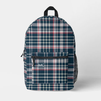 Modern Donkerblauw Check Plaid Monogram Initialen Bedrukte Rugzak