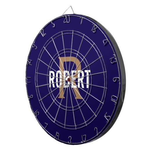 Modern donkerblauw goud monogram naam dartbord (Voorkant Rechts)