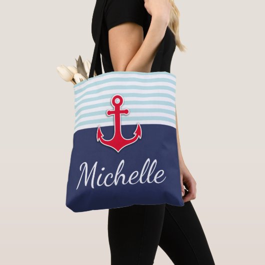 Modern donkerblauw nautisch ontwerp rood anker tote bag (Dichtbij)
