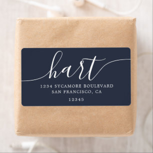 Modern donkerblauw script familie retouradres etiket