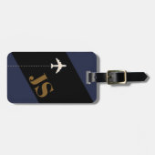 Modern donkerblauw zwart monogram bagagelabel (Voorkant horizontaal)