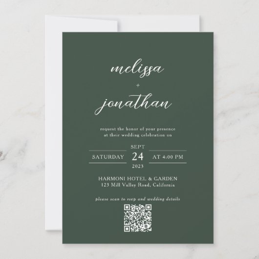 Modern donkergroen fotoscript QR-code bruiloft Kaart (Voorkant)