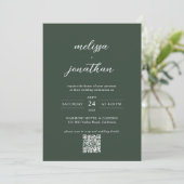 Modern donkergroen fotoscript QR-code bruiloft Kaart (Staand voorkant)