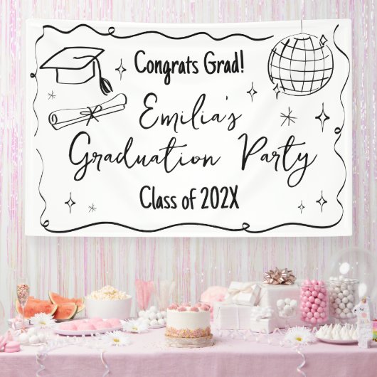 Modern doodle Graduation party backdrop  Spandoek (Feest)
