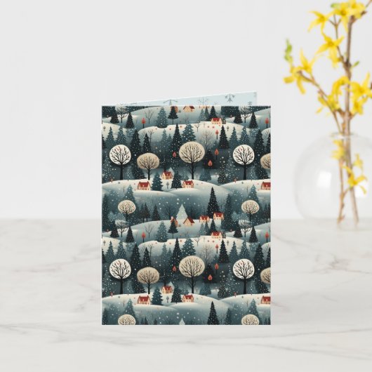 Modern Dorpslandschap Kerstmis Kaart (Gele Bloem)