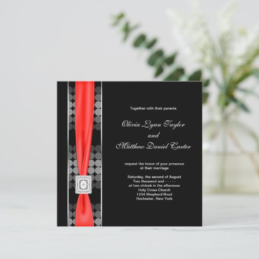 Modern Dot Zwart Wit Rood Zwart Bruiloftsfeest Kaart (Staand voorkant)