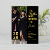 Modern Double Afstuderen Photo Party Gold Folie Uitnodiging (Staand Voorkant)