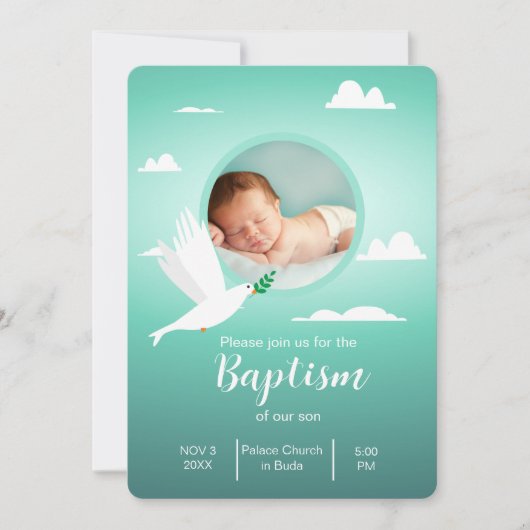 Modern Dove Teal Blue Baptism Invitation for Boy (Devant)