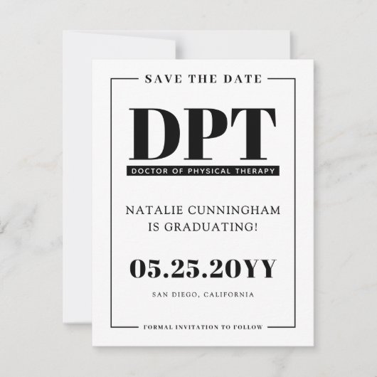 Modern DPT-Afstuderen Save the Date-Kaart Aankondiging (Voorkant)