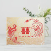 Modern Dragon-Phoenix Chinese Wedding Gold Red Kaart (Staand voorkant)