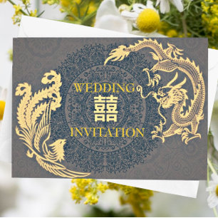 Modern Dragon-Phoenix Chinese Wedding Invitation Kaart