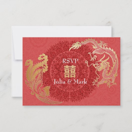 Modern Dragon-Phoenix Chinese Wedding RSVP Red (Voorkant)