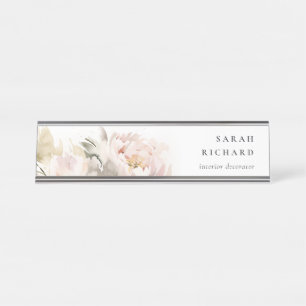 Modern Dusky Blush Pioen Waterverf Bloemen Bunch Bureau Naambordje
