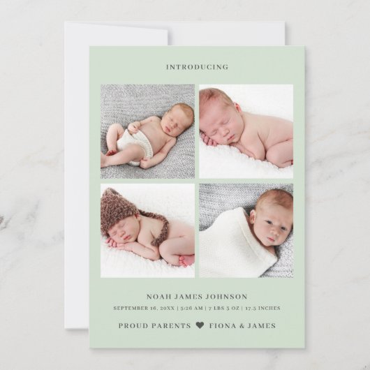 Modern Dusty Bleek Green Photo Collage Grid Birth Aankondiging (Voorkant)