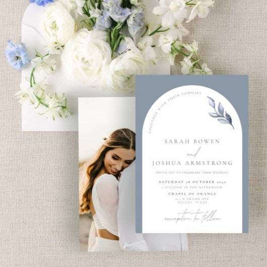 Modern Dusty Blue Arch Botanical Photo Wedding Inv Kaart