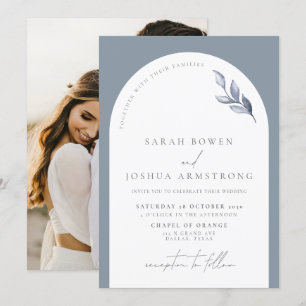 Modern Dusty Blue Arch Botanical Photo Wedding Kaart