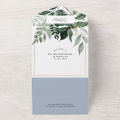 Modern Dusty Blue Botanical tudfotobruiloft All In One Uitnodiging (Buitenkant)