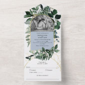 Modern Dusty Blue Botanical tudfotobruiloft All In One Uitnodiging (Binnen)