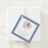 Modern Dusty Blue Boy Baptism Photo Bedankjes Labels (In situ)