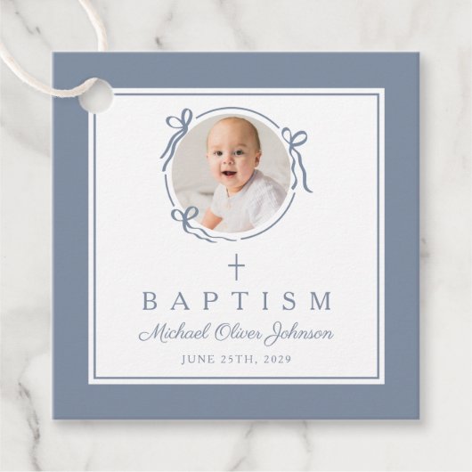 Modern Dusty Blue Boy Baptism Photo Bedankjes Labels (Voorkant)