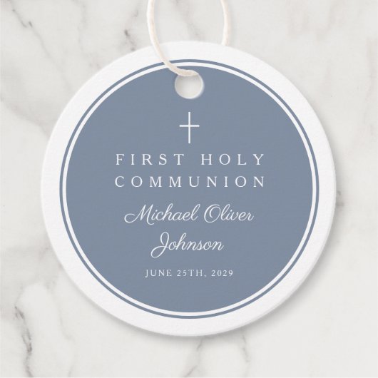 Modern Dusty Blue Boy First Communion Bedankjes Labels (Voorkant)