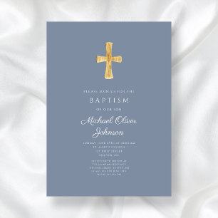 Modern Dusty Blue Cross Boy Baptisme Invitation Kaart