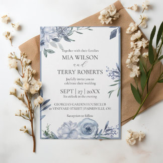 Modern Dusty Blue Floral Wedding Kaart