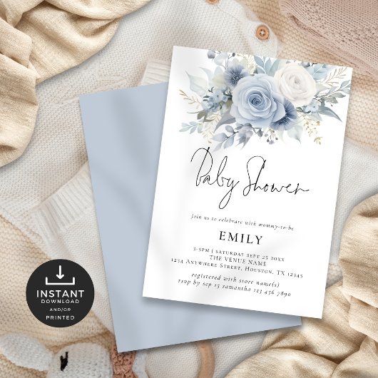 Modern Dusty Blue Florals Baby shower Kaart