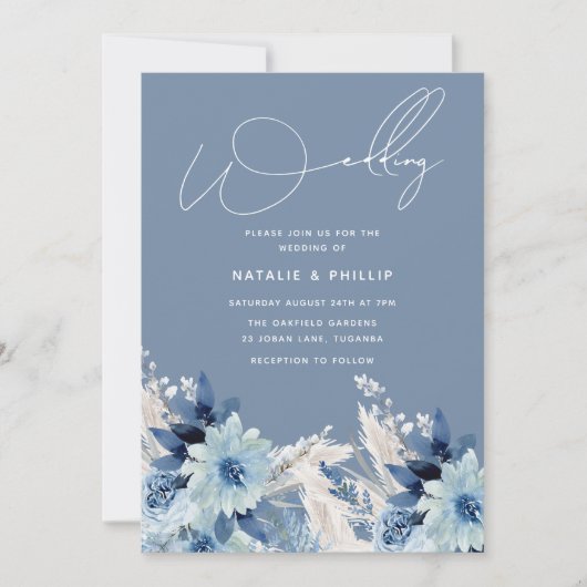 Modern Dusty Blue Flowers Beauely Wedding Kaart (Voorkant)