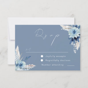 Modern Dusty Blue Flowers Beauely Wedding RSVP Kaartje
