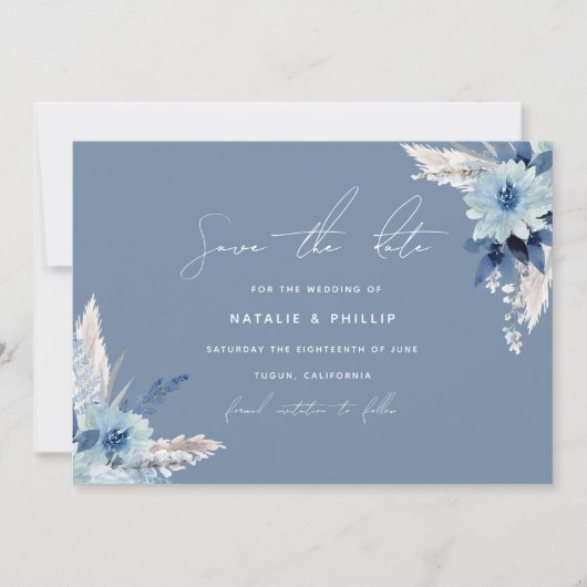 Modern Dusty Blue Flowers Beauely Wedding Save The Date (Voorkant)
