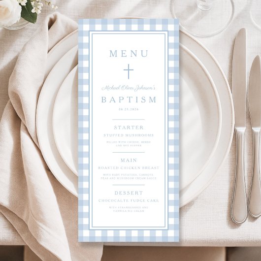 Modern Dusty Blue Gingham Boy Baptism Menu