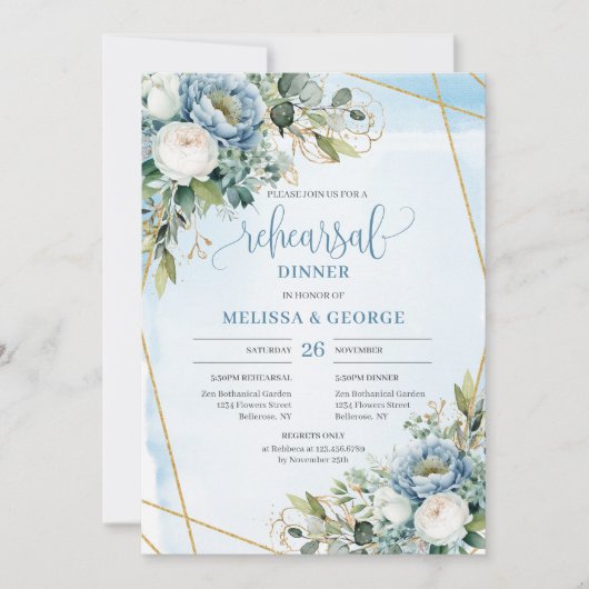 Modern Dusty Blue Gold Frame Rehearsal Invitation Kaart (Voorkant)