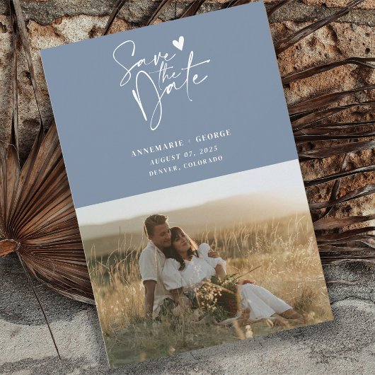 Modern Dusty Blue Kalligrafie Script Foto Save The Date