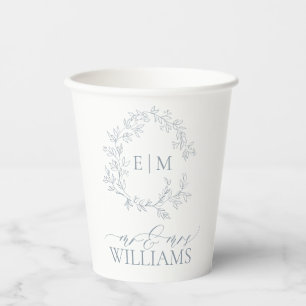 Modern Dusty Blue Leafy Crest Monogram Weddenschap Papieren Bekers