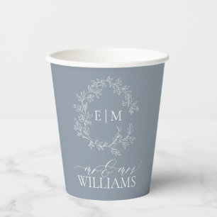 Modern Dusty Blue Leafy Crest Monogram Weddenschap Papieren Bekers