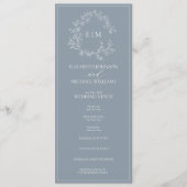 Modern Dusty Blue Leafy Crest Monogram Weddenschap Programma (Voorkant)