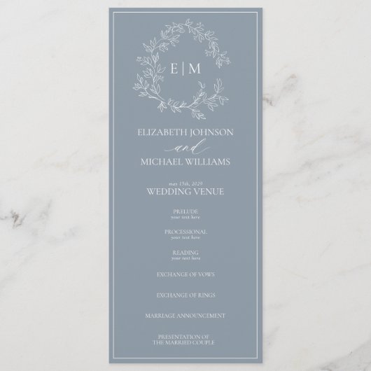 Modern Dusty Blue Leafy Crest Monogram Weddenschap Programma (Voorkant)