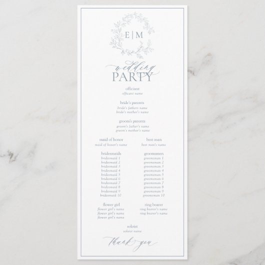 Modern Dusty Blue Leafy Crest Monogram Weddenschap Programma (Achterkant)
