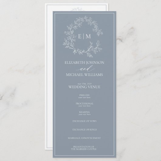 Modern Dusty Blue Leafy Crest Monogram Weddenschap Programma (Voorkant / Achterkant)