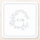 Modern Dusty Blue Leafy Crest Monogram Weddenschap Vierkante Kartonnen Onderzetter (Voorkant)