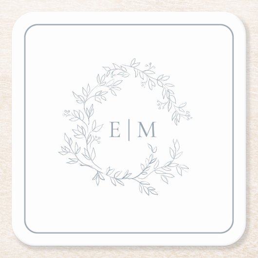 Modern Dusty Blue Leafy Crest Monogram Weddenschap Vierkante Kartonnen Onderzetter (Voorkant)