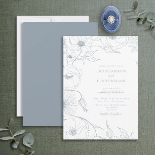 Modern Dusty Blue Line Art Floral Wedding Kaart