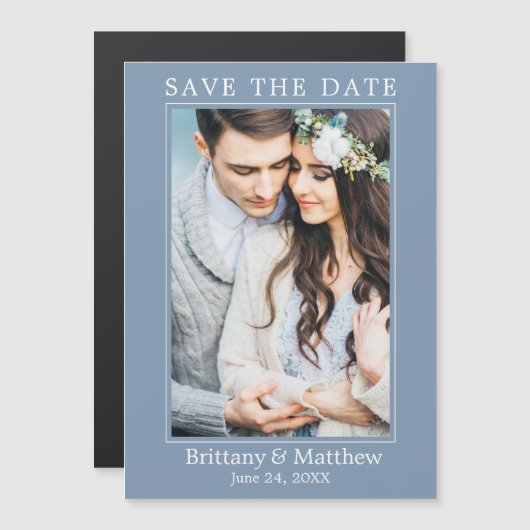 Modern Dusty Blue Magnetic Save the Date (Voorkant / Achterkant)