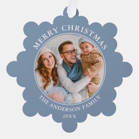Modern Dusty Blue Merry Christmas Foto Ornament Kaart (Voorkant)