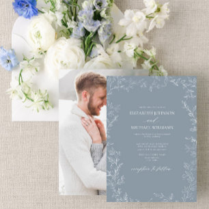 Modern Dusty Blue Minimal Leaf Photo Wedding Kaart